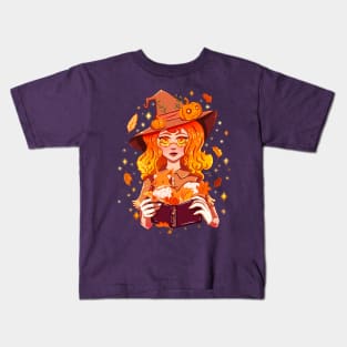 Fall Autumn Magic Witch with Fox and Falling Leaves Kids T-Shirt